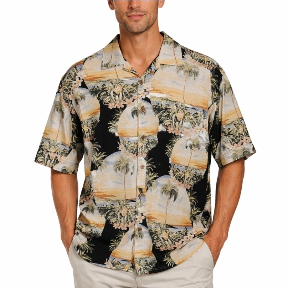 Jamaica Jaxx Mens 100% Silk Hawaiian Shirt Large Sunset Palm Tree Tropical Beach